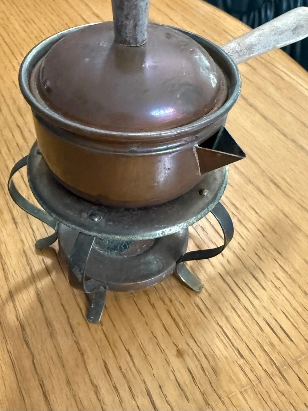 Vintage Copper & Brass Miniature Fondue Set Chafing Dish W/ Wooden Handle